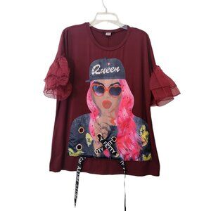 Minette‎ Petty Queen w/ Lollipop T-Shirt Womens 2XL Funky Ruffle Sleeve EUC